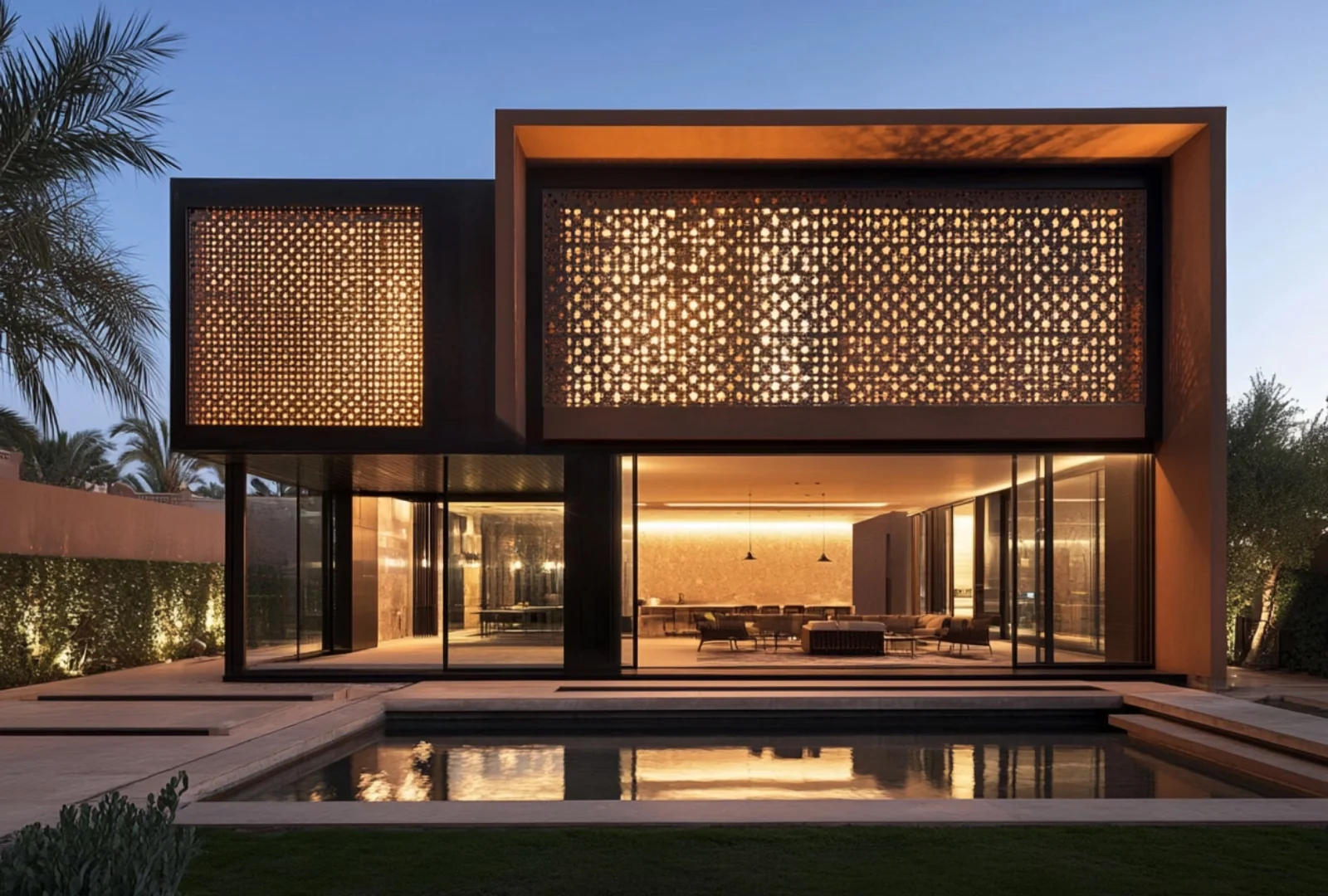 Villa contemporaine à Marrakech, façade en moucharabieh éclairée au crépuscule et piscine